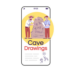 Cave drawings social media posts smartphone app screen. Mobile phone displays with cartoon characters design mockup. Archaeology. Caveman culture researching application telephone interface