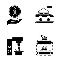 Industry types glyph icons set. Automotive engineering. Information sign. Steel industry. Fruit production. Car, automobile repair. Food supply. Silhouette symbols. Vector isolated illustration