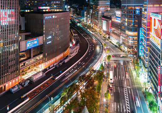 Aerial view of a busy section of Ginza, Tokyo, Japan at night