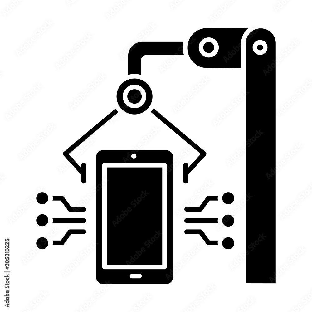 Sticker Electronics industry glyph icon. Smartphone and tablet production. Gadgets development. Electronic devices factory. Hardware repair. Silhouette symbol. Negative space. Vector isolated illustration