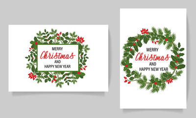 Christmas cards with berries, rosehips, pine branch, holly branch and Merry Christmas and Happy New Year title