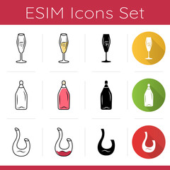 Restaurant glassware icons set. Wine glass, decanter, bottle. Winary, alcohol beverage, aperitif. Flat design, linear, black and color styles. Isolated vector illustrations
