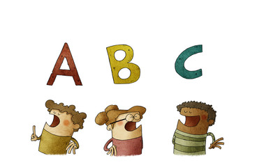 three diverse children under the first letters of the alphabet. literacy learning concept. isolated