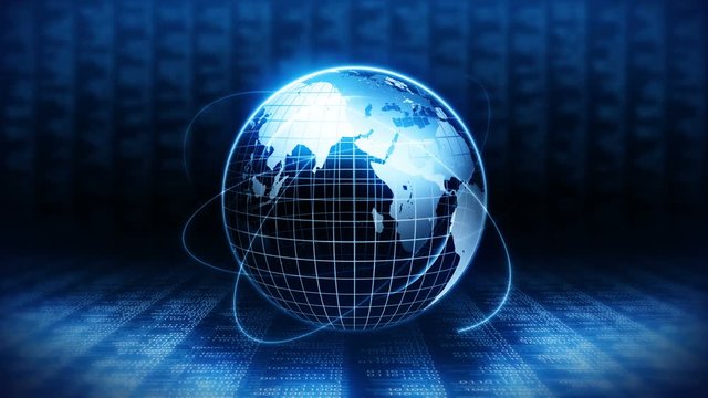 Planet earth with background of binary digits. Binary numbers around global earth. High tech technological loop animation. Number zero and one.