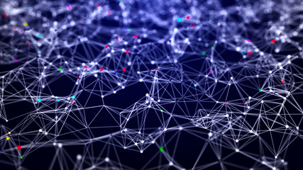 Neon multi-colored glowing lines. Digital plexus. Abstract background. 3D rendering. Network.