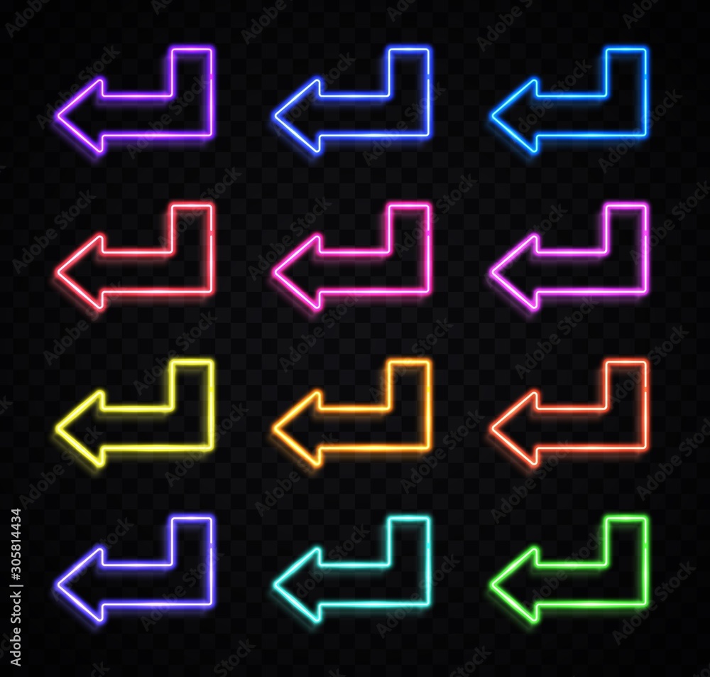 Poster neon 3d arrow pointer set on black transparent background. color enter arrows symbol. glowing led li