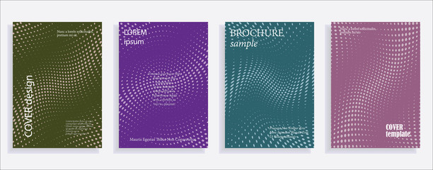 Minimalistic cover design templates. Set of layouts for covers of books, albums, notebooks, reports, magazines. Line halftone gradient effect, flat modern abstract design. Geometric mock-up texture.