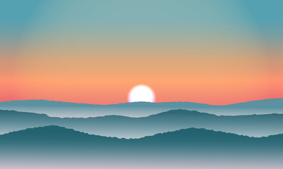 View hill nature green tone. Sunrise and mist in the mountains on colorful sky.