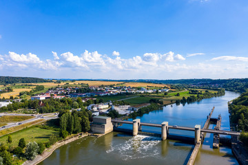 Fototapeta na wymiar Aerial view, Horneck Castle, Castle of the Teutonic Knights, Gundelsheim, Odenwald, Baden-Württemberg, Germany,