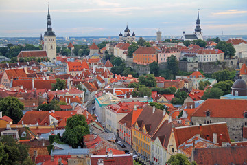 Downtown historical medieval Tallinn skyline with colored houses