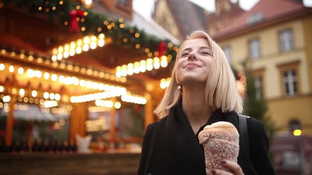 beautiful blonde at the Christmas market in Wroclaw Poland