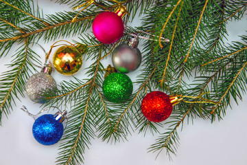Background with multi-colored  Christmas ball in the branches of the Christmas tree, New Year decorations