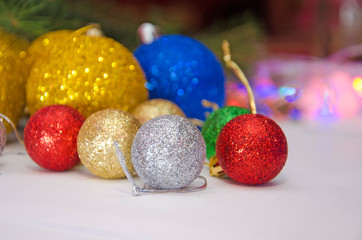 multi-colored christmas balls, Christmas tree decorations, background with colorful christmas balls