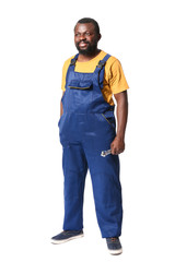 Fototapeta premium African-American car mechanic on white background