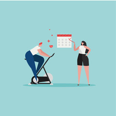 Sport gym, planning fitness vector illustration. Flat tiny slim fit body people training with exercise bike in the gym with schedule. Weight management, individual dietary service design