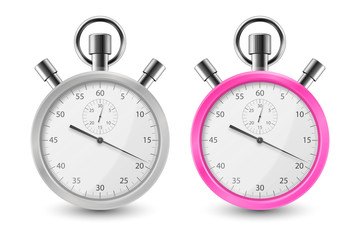 Realistic Gray and Pink Classic Stopwatch Icon Set Closeup Isolated on White Background. Stop-watch Design Template. Sport Timer on Competitions. Start, finish, Time Management. Stock Vector
