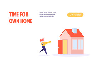 Concept of mortgage, purchase house, real estate, abstract ownership.Isolated young woman buy house with key. Vector illustration in flat cartoon design