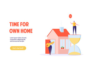 Concept of mortgage, purchase house, real estate, abstract ownership. Family Man and Woman buy house with key. Vector illustration in flat cartoon design