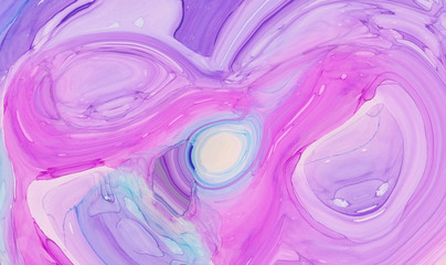 Light pattern for modern creative trendy design, marble texture style for illustrations. Pink, blue and purple abstract liquid paint textured background with decorative spirals and swirls. 