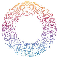 Vector set of Back to School icons in doodle style. Painted, colorful, pictures on white background.