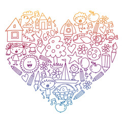 Vector set of Back to School icons in doodle style. Painted, colorful, pictures on white background.