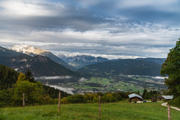 Fototapeta na wymiar Stunning view of Watzmann peak and valley of Berchtesgaden land, Bavaria, Germany