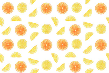 Lemon and orange slices repeat pattern on the white background, watercolor simple ornament