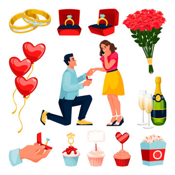 Engagement And Marriage Design Elements Set. Vector Flat Cartoon Illustration. Valentines Day Party Romantic Decoration