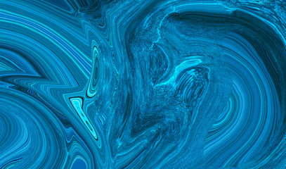 Vivid bright neon blue abstract liquid paint textured background with decorative spirals and swirls. Dark pattern for modern creative trendy design, marble texture style for illustrations