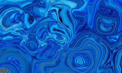 Vivid bright neon blue abstract liquid paint textured background with decorative spirals and swirls. Dark pattern for modern creative trendy design, marble texture style for illustrations