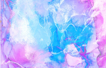 Fototapeta na wymiar Trendy ethereal light blue, pink and purple alcohol ink abstract background. Bright liquid watercolor paint splash texture effect illustration for card design, banners, modern graphic design