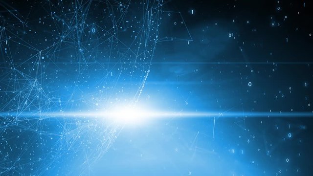 Artistic 3d globe rotation in digital business network with binary numbers and lens flare animation background.
