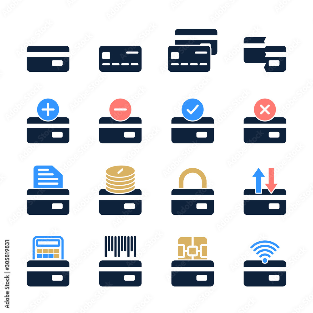 Poster set of credit card in modern style. high quality colorful banking symbols for web site design and mo