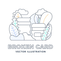 Broken Credit Card Vector stock illustration in outline style isolated on white. The concept of mobile banking and closing a bank account. Concept of losing or deleting a bank card.