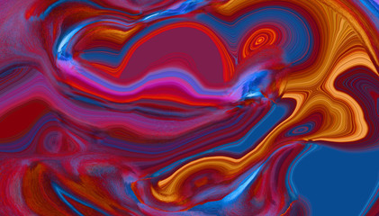 Dark blue, red and pink abstract liquid paint textured background with decorative spirals and swirls. Holographic neon surface pattern for modern creative trendy design