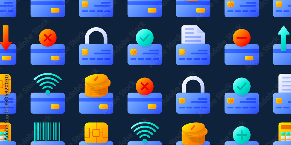 Poster credit cards seamless pattern with different elements stock vector illustration. background for bank