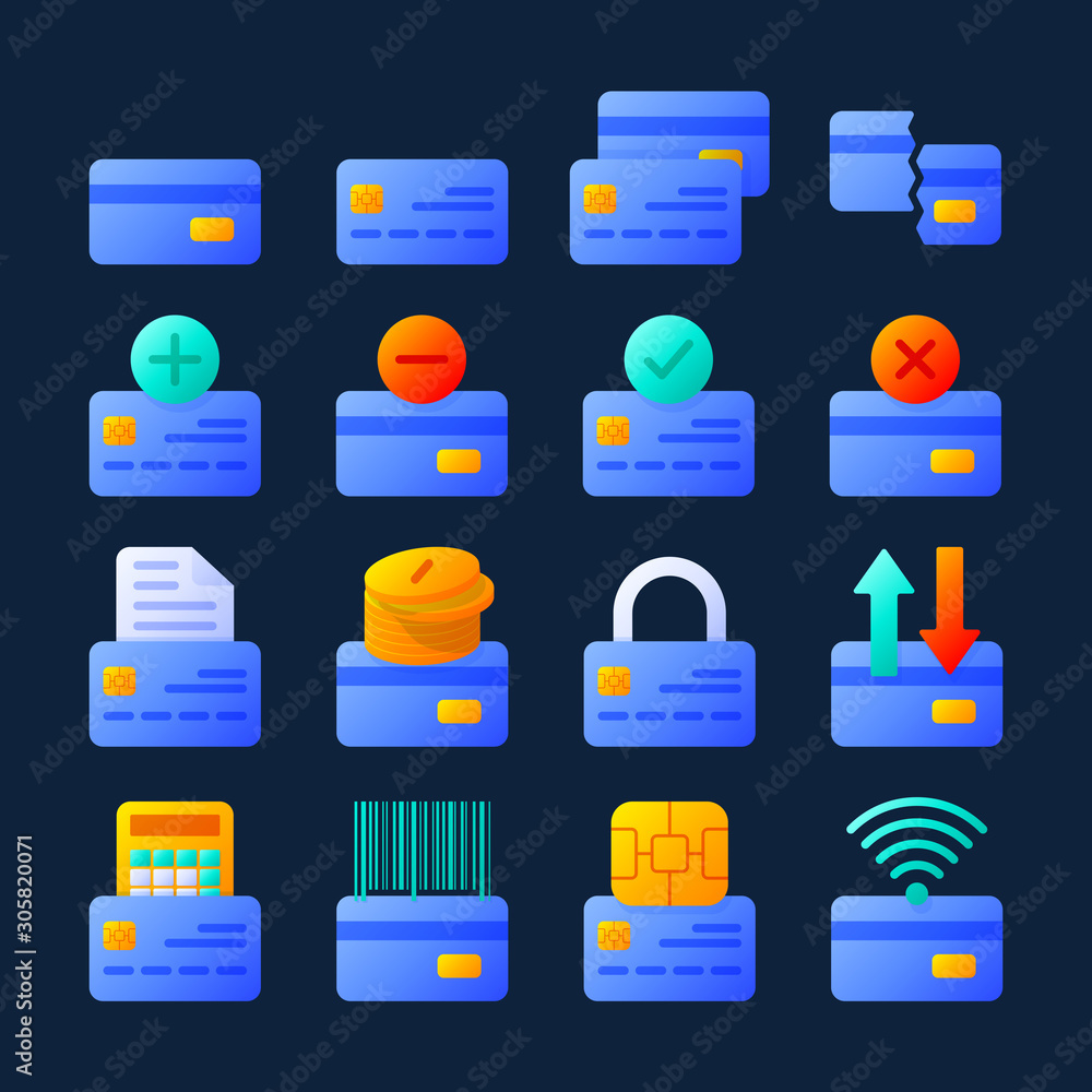 Poster set of credit card in modern style. high quality colorful banking symbols for web site design and mo
