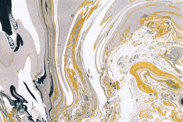 Gold, white and gray marble ink texture. Hand drawn pattern abstract background. Ink marble paper texture.