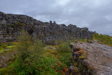 Thingvellir National Park - famous area in Iceland right on the spot where the atlantic tectonic plates meets. UNESCO World Heritage Site. September 2019