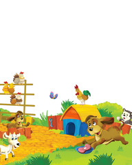 Obraz na płótnie Canvas cartoon scene with different animals on a farm having fun on white background - illustration for children