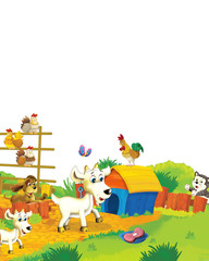 Obraz na płótnie Canvas Cartoon farm scene with animal goat having fun on white background - illustration for children