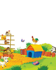 cartoon scene with different animals on a farm having fun on white background - illustration for children