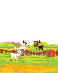 Cartoon farm scene with animal goat having fun on white background - illustration for children