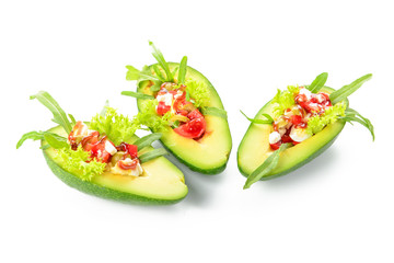Tasty avocado with filling on white background