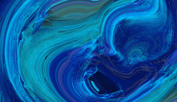 Vivid neon blue abstract liquid paint textured background with decorative spirals and swirls. Dark pattern for modern creative trendy design, marble texture style for illustrations