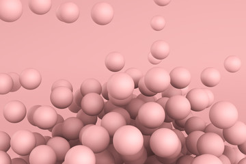 3D rendering of abstract science fiction concept. Group of spheres levitate. Flying spheres in empty space, abstract bubbles. Pink balls on pink background.