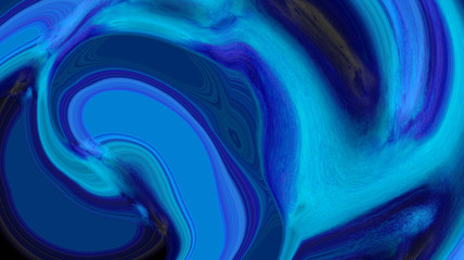 Vivid neon blue abstract liquid paint textured background with decorative spirals and swirls. Dark pattern for modern creative trendy design, marble texture style for illustrations