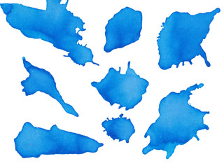 Light sky blue watercolor art with stains set. Aquarelle paint paper texture isolated elements for text design, greeting card, template on white background. Gentle turquoise color illustration