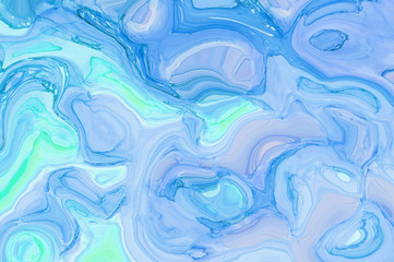 Obraz premium Soft blue abstract liquid paint textured frame with decorative spirals and swirls. Light color background for modern creative trendy design, marble texture style for illustrations