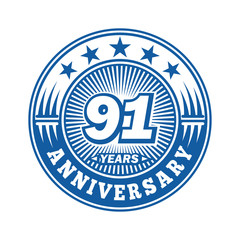 91 years logo. Ninety-one years anniversary celebration logo design. Vector and illustration.